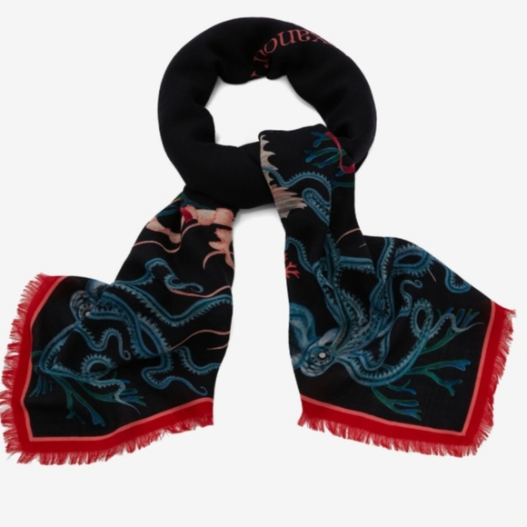 Alexander McQueen Accessories - Alexander McQueen Underwater Logo Large Wool Scarf Multicolor